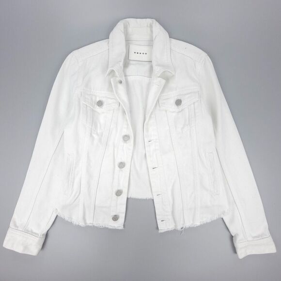 BLANK NYC Western Raw Hem Cropped Jean Jacket Button Down Trucker White Denim XS - Picture 1 of 8